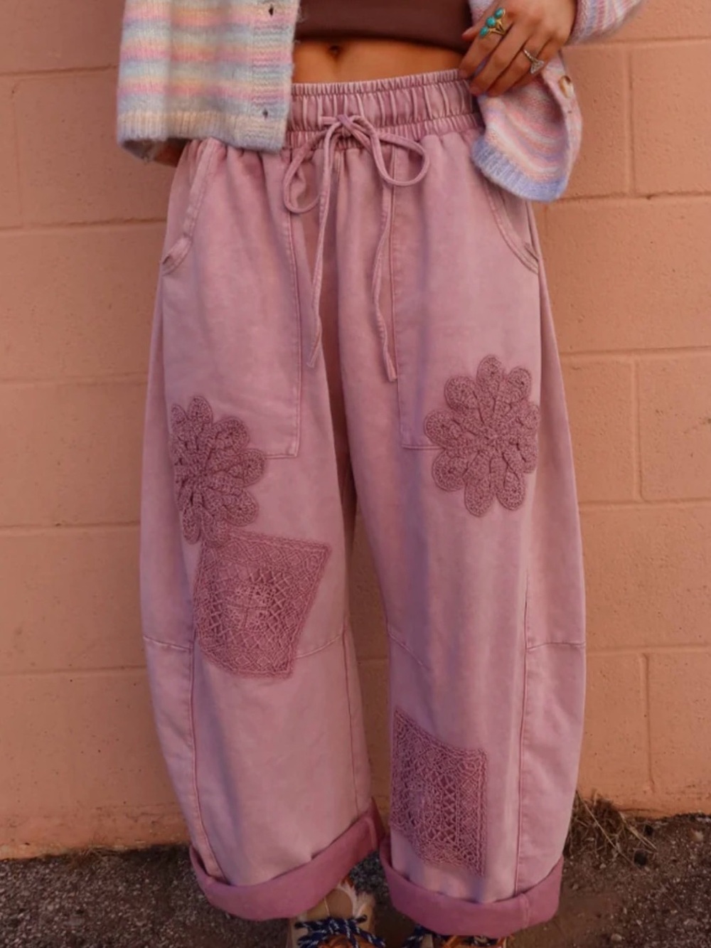 Dusty Rose Embroidered Barrel Leg Pants